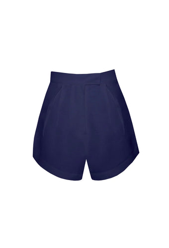 Short Pregas Detalhe Cós Alfaiataria- Linho Azul Marinho