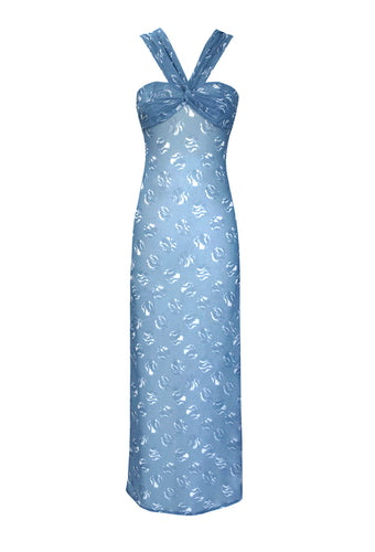 Vestido Midi Ombro a Ombro Tule - Poá Azul