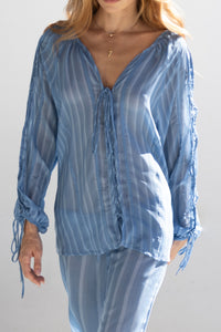 Camisa Bata Detalhe Viés - Estampa Listrado Azul