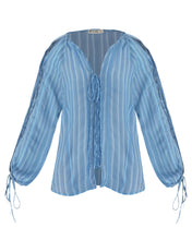 Carregar imagem no visualizador da galeria, Camisa Bata Ícone Detalhe Viés - Estampa Listrado Azul