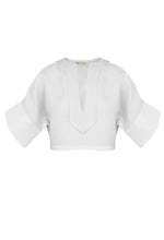 Carregar imagem no visualizador da galeria, Camisa Curta Detalhe Gola em V Alfaiataria- Linho Off-White