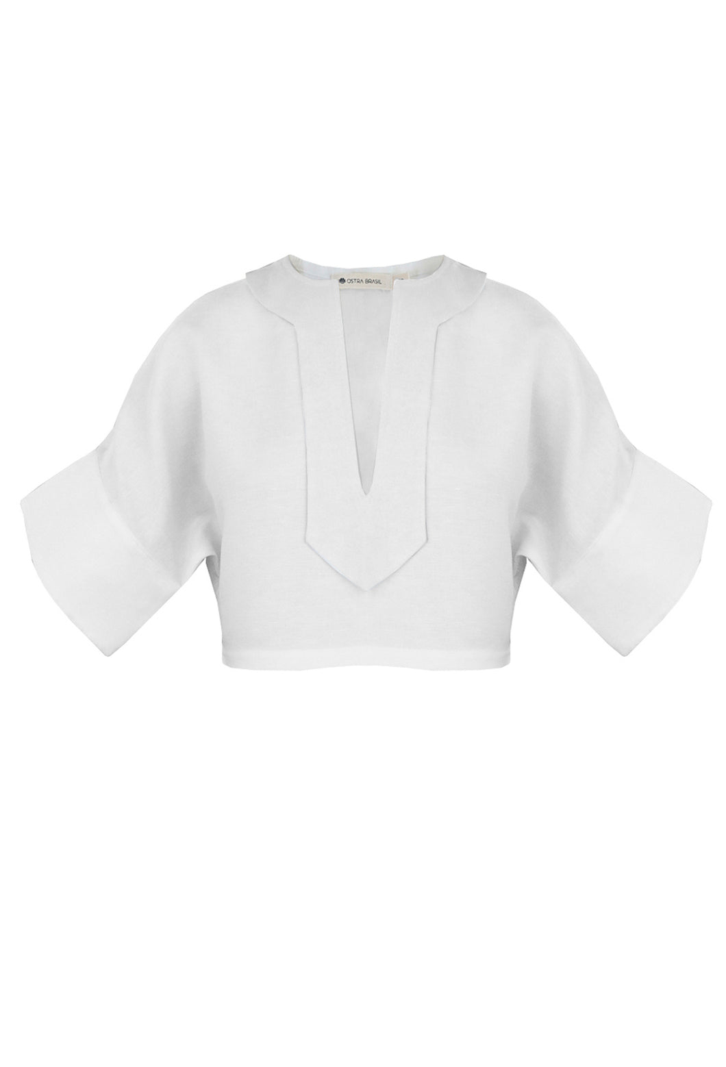 Camisa Curta Detalhe Gola em V Alfaiataria- Linho Off-White