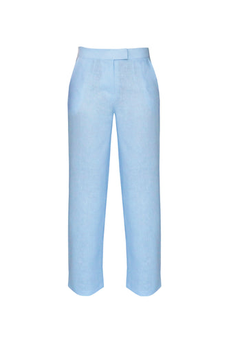 Calça Reta Detalhe Cós Baixo  Alfaiataria - Linho Azul Claro