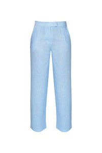 Calça Reta Detalhe Cós Baixo  Alfaiataria - Linho Azul Claro