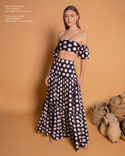 Saia Longa Franzido Duplo - Folhas Fundo Black