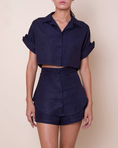 Short Duplo Botões Alfaiataria - Linho Azul Marinho