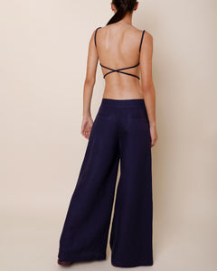Pantalona Baixa Pala Pregas Alfaiataria - Linho Azul Marinho